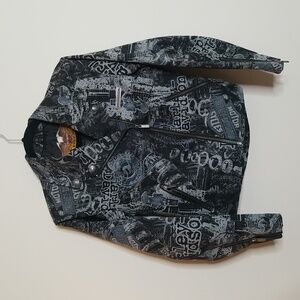 Harley Davidson 2004 Gray and Black Graphic Printed Moto Zip Jacket XS